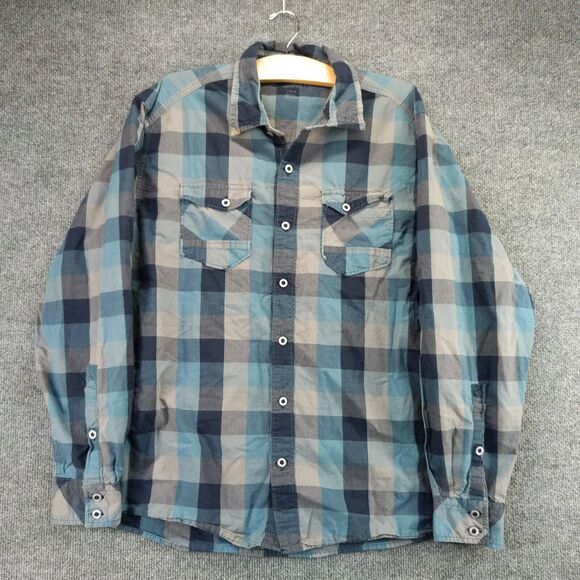 Ascend Size Mens L Blue Gray Plaid Button Up Long Sleeve Shirt Front Flap Pocket - Picture 2 of 12